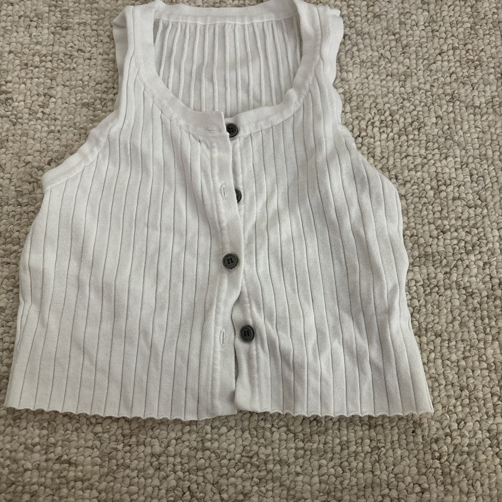 White Ribbed Sleeveless Button-Up Top